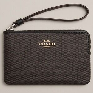 Coach Small Wristlet Brown Black Woven Jacquard Gold Logo Zip Top Clutch